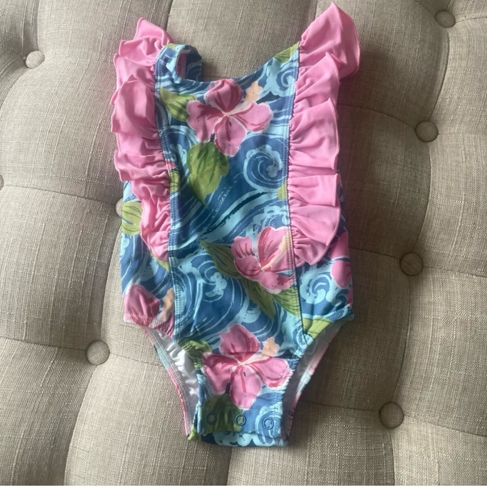 Caden Lane Pink and Blue Floral Ruffle One-Piece Swimsuit
